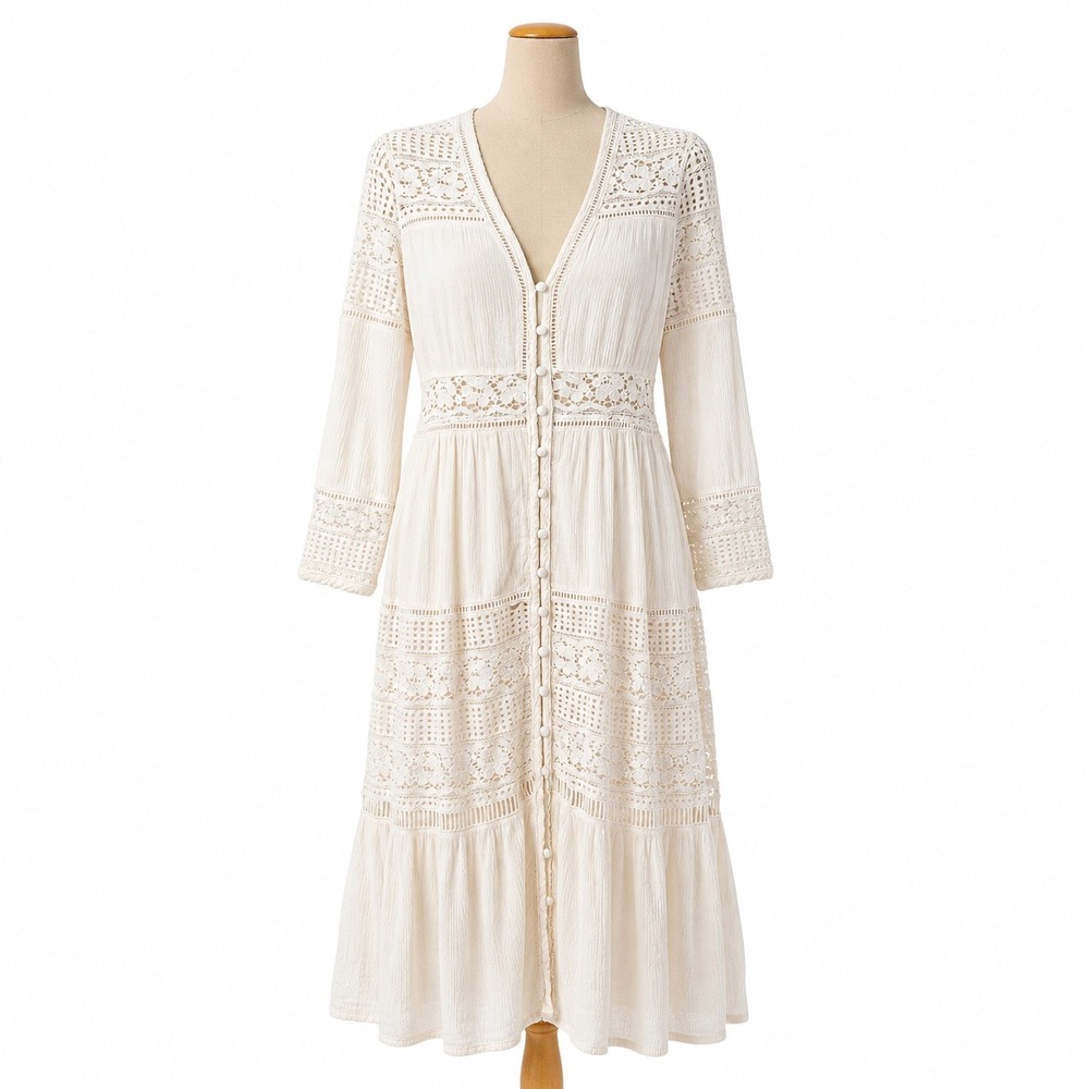 Boho Crochet Lace Tiered Button Peasant Dress Size L White Long Sleeve Indie Y2K